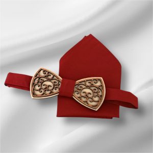 Wooden Bow tie with Red neck piec and Red Pocket Square
